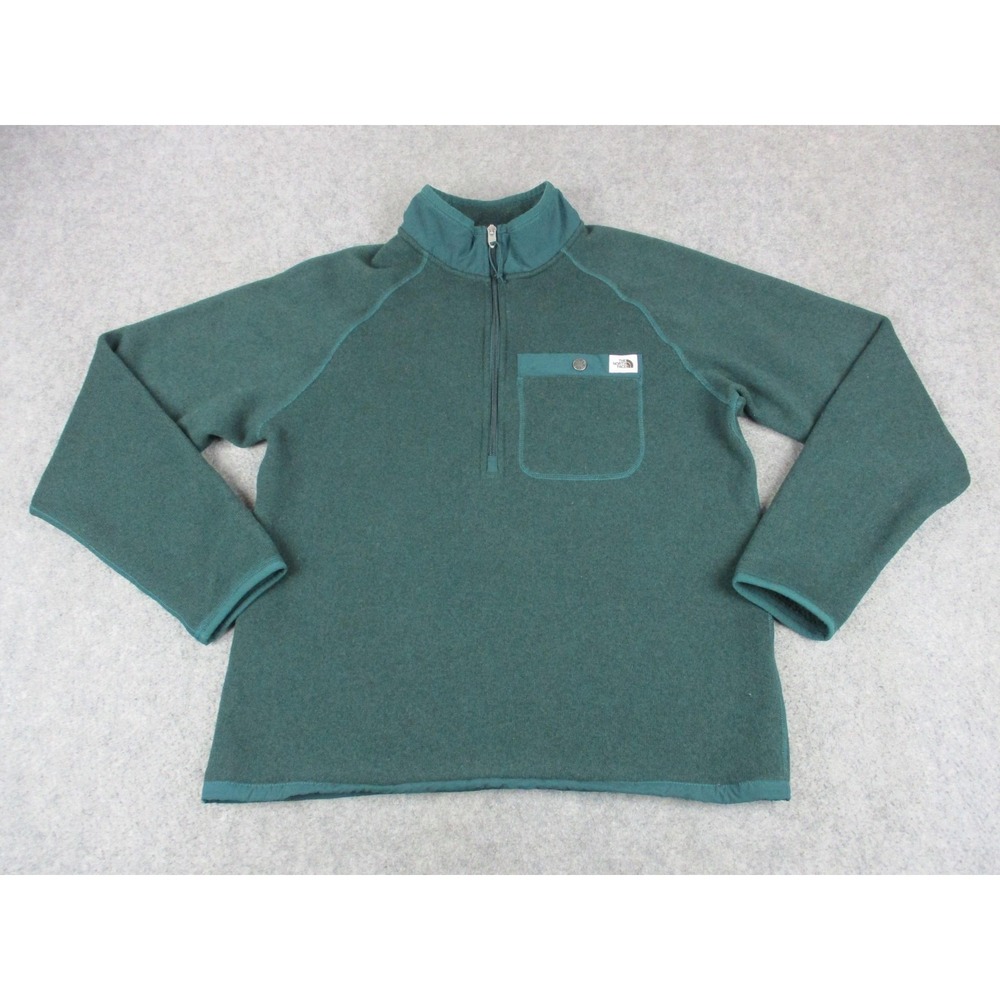 North Face Sweater Mens Medium Green Quarter Zip Fleece Pocket Hiking Sweatshirt